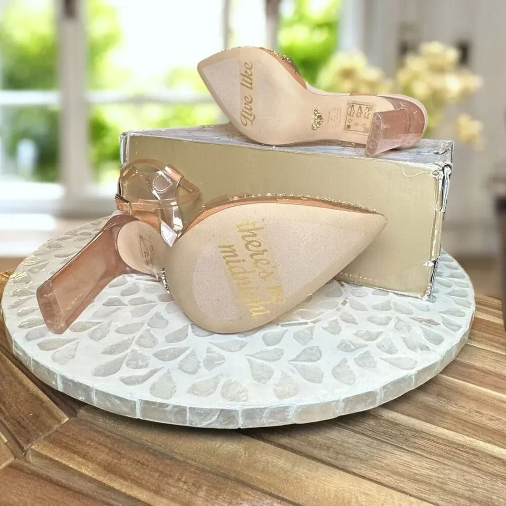 Disney x ALDO Glass Slipper Heels Clear Rhinestone Cinderella Pumps Bone Size 7.